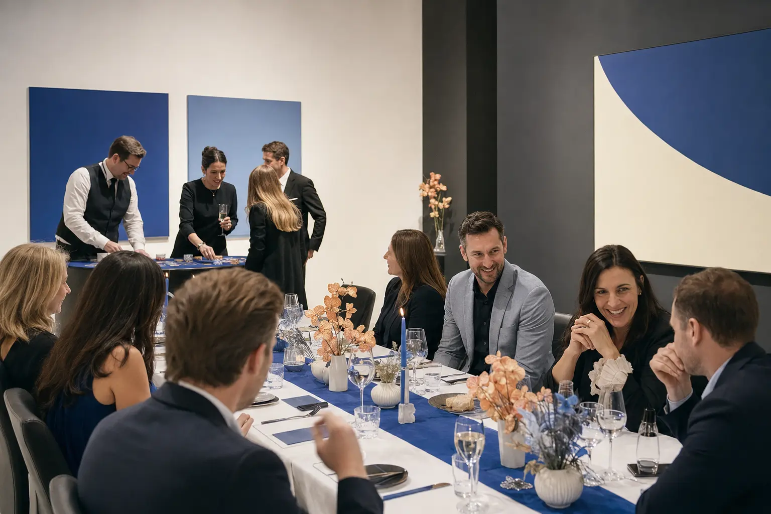 Kortárs galériatérben tartott privát vacsora felnőtt vendégekkel